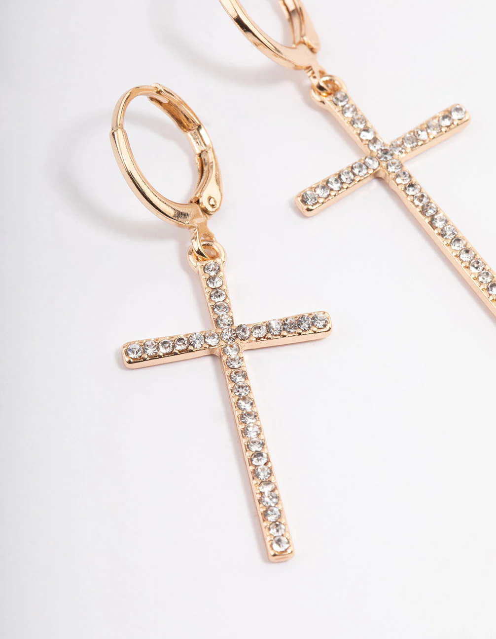 Gold Diamante Cross Huggie Earrings - Image 2
