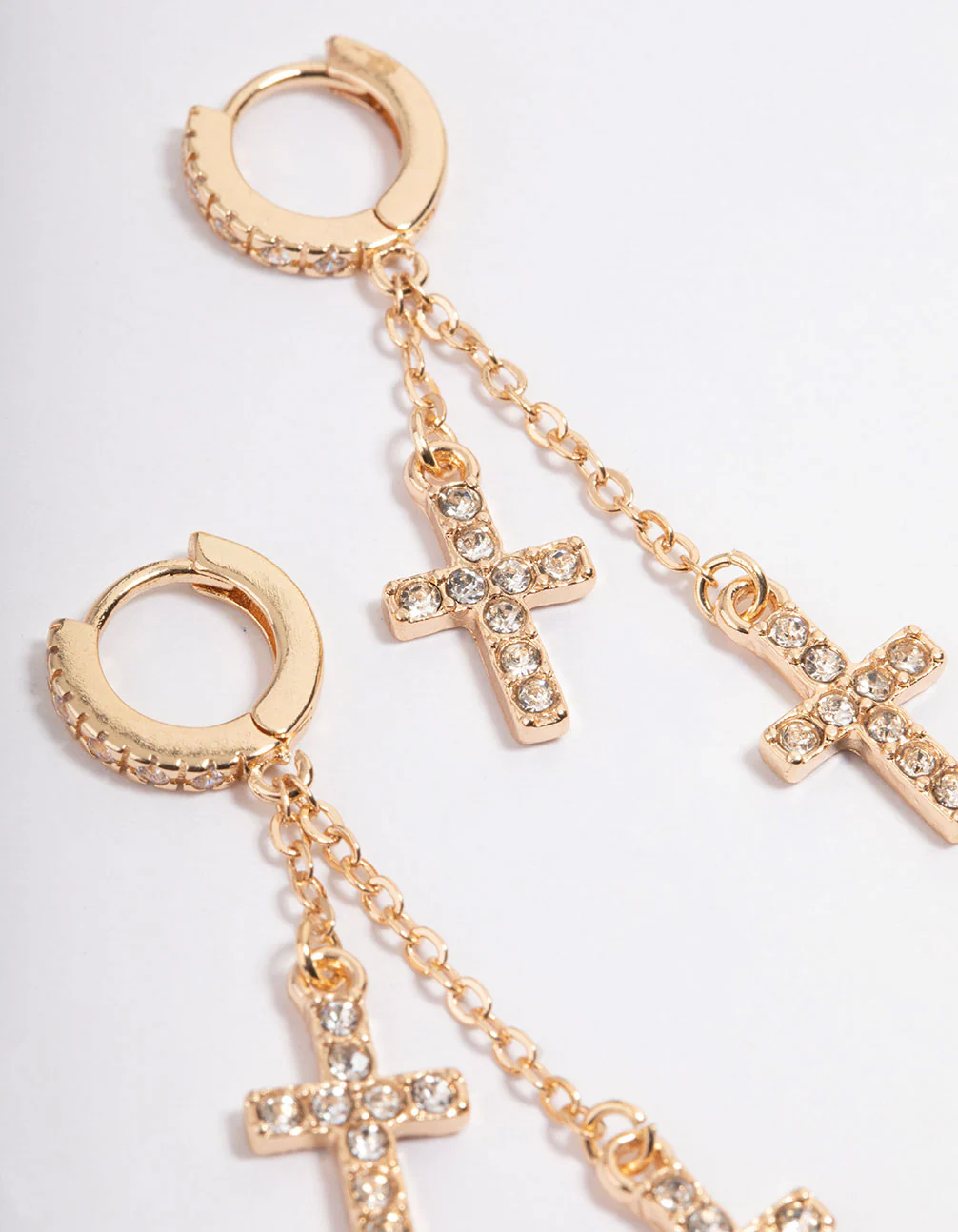 Gold Diamante Double Cross Huggie Earrings - Image 3