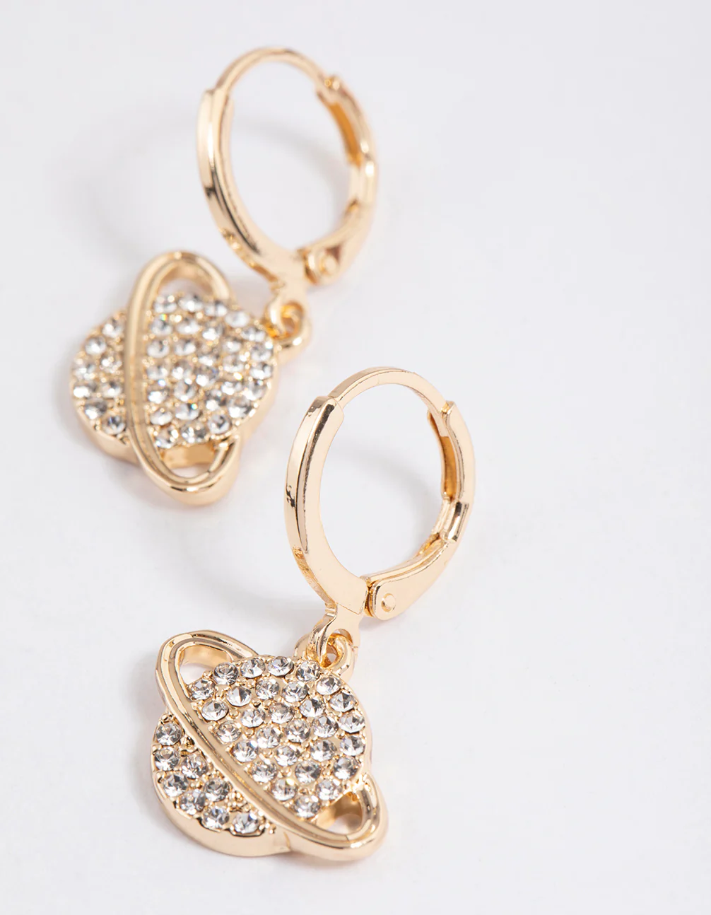Gold Diamante Saturn Planet Huggie Earrings - Image 2