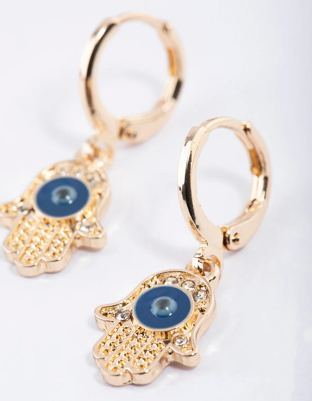 Gold Evil Eye Hand Huggie Earrings - Image 2
