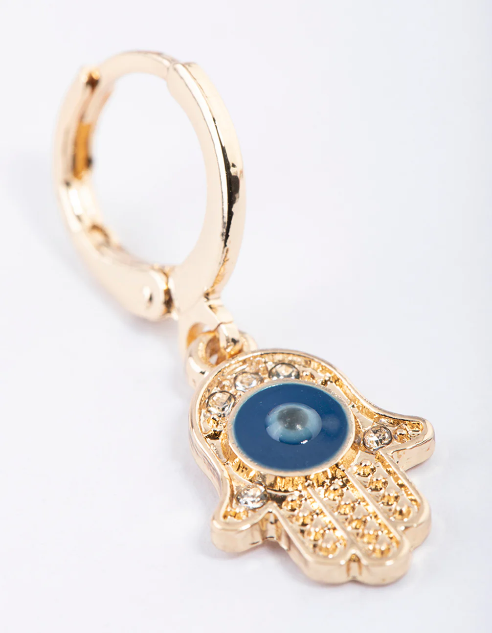 Gold Evil Eye Hand Huggie Earrings - Image 3