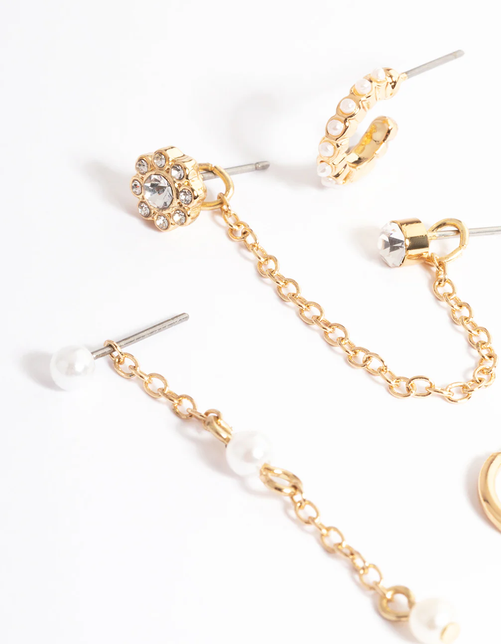 Gold Flower Diamante Pearl Earrings 6-Pack - Image 2