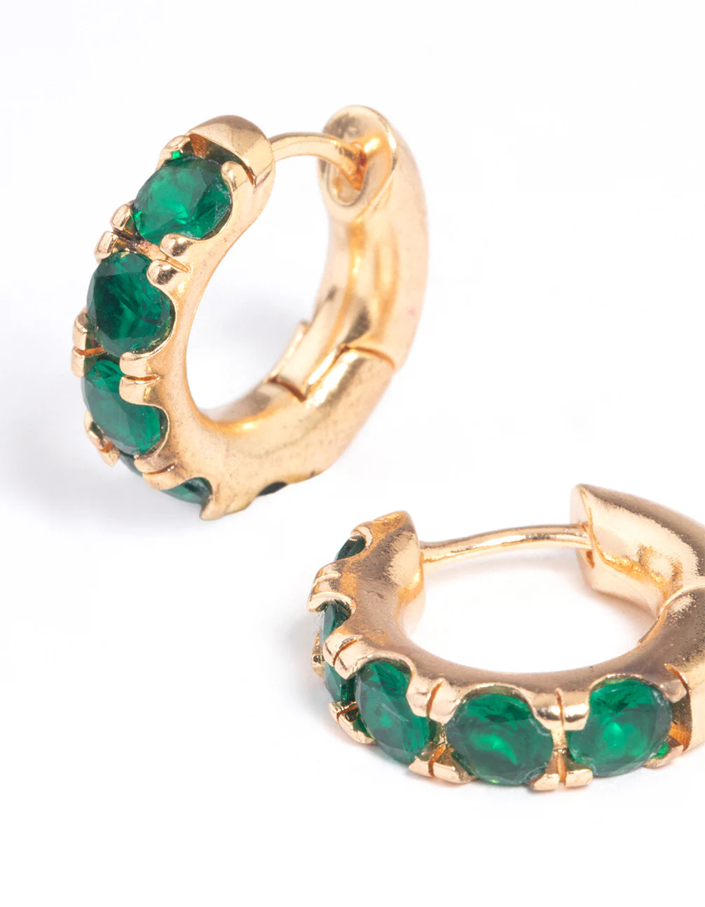 Gold Green Stone Thick Huggie Earrings - Image 2
