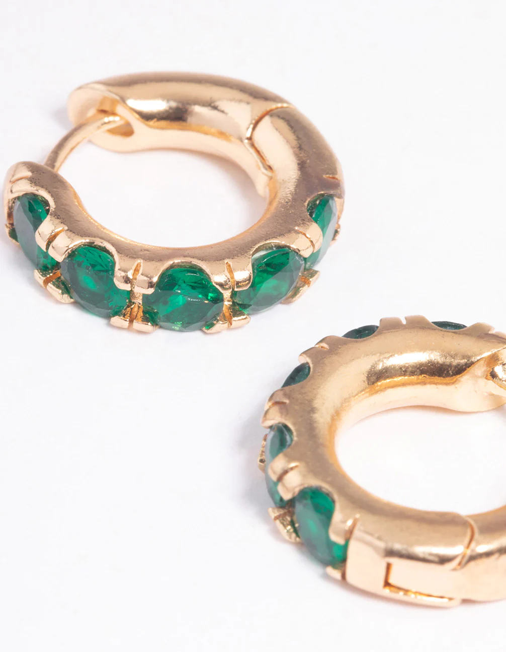 Gold Green Stone Thick Huggie Earrings - Image 3