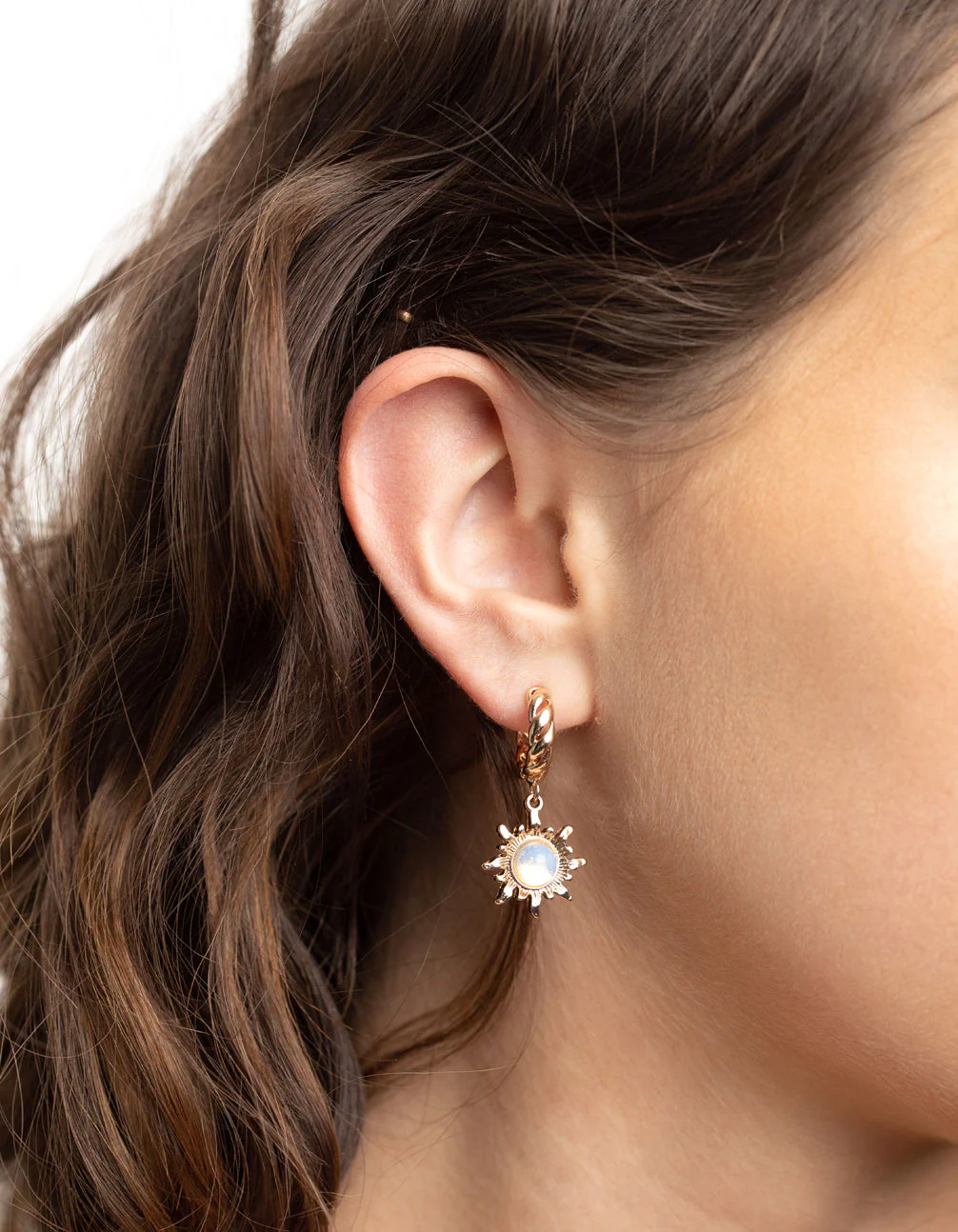 Gold Moonstone Celestial Huggie Hoop Earrings - Image 2