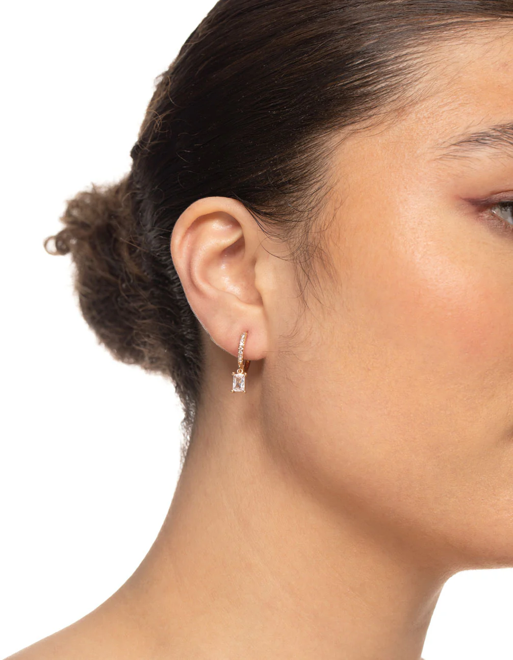 Gold Rectangle Cubic Zirconia Huggie Earrings - Image 2
