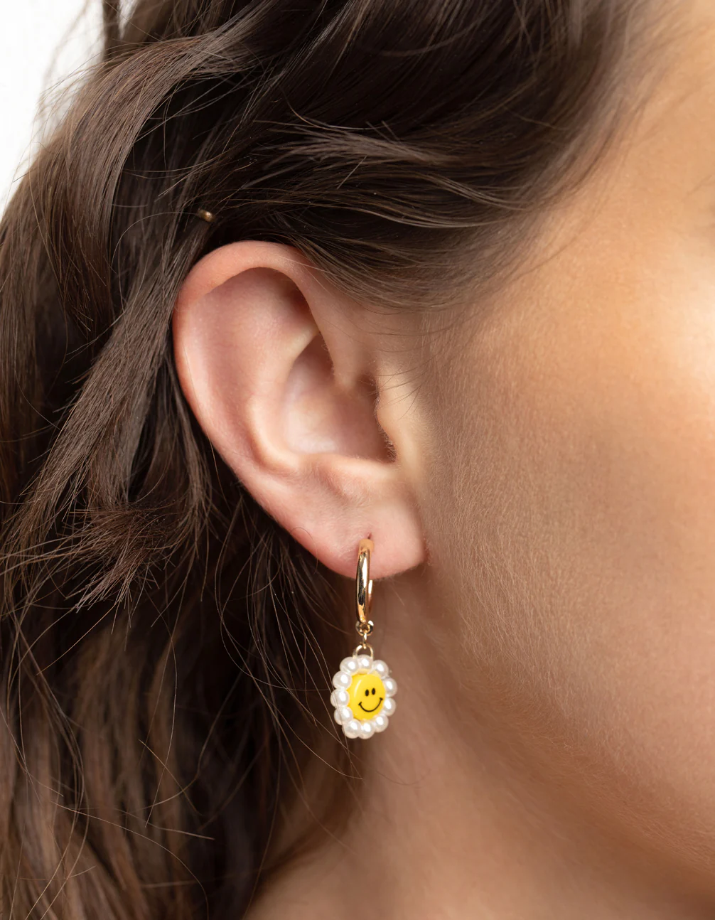 Gold Smiley Pearl Huggie Drop Earrings - Image 2