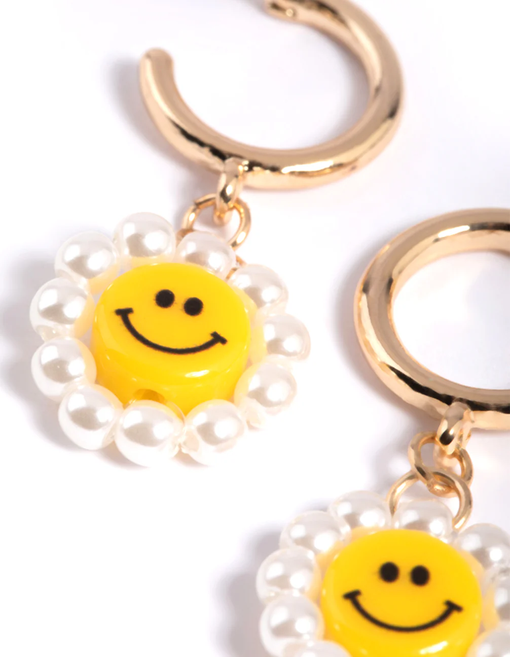 Gold Smiley Pearl Huggie Drop Earrings - Image 3