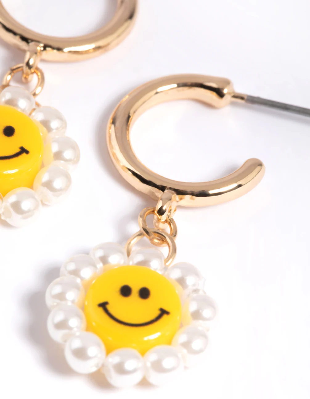 Gold Smiley Pearl Huggie Drop Earrings - Image 4