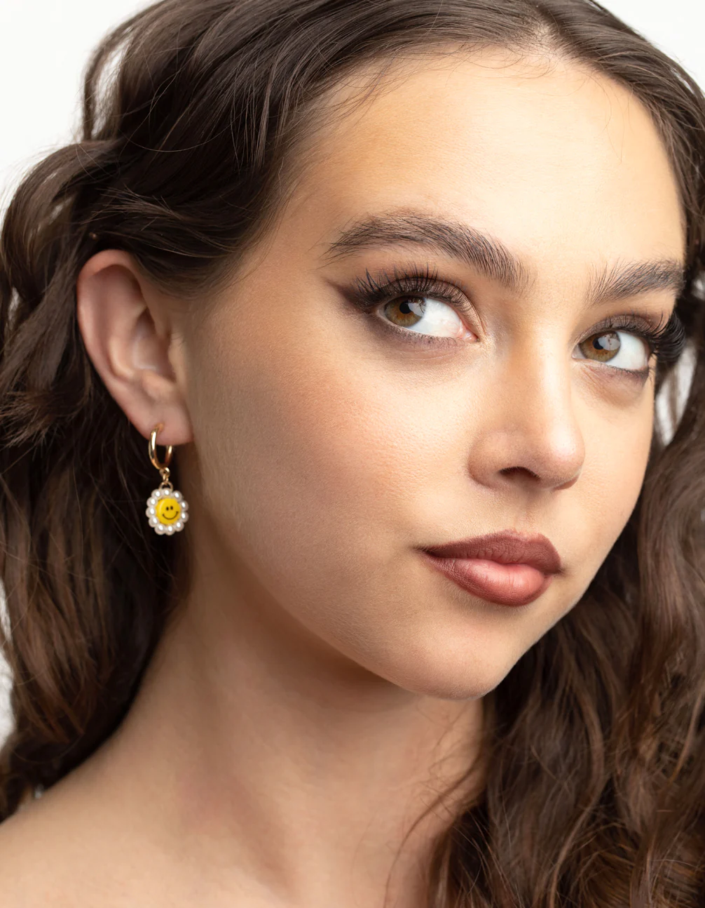 Gold Smiley Pearl Huggie Drop Earrings - Image 5