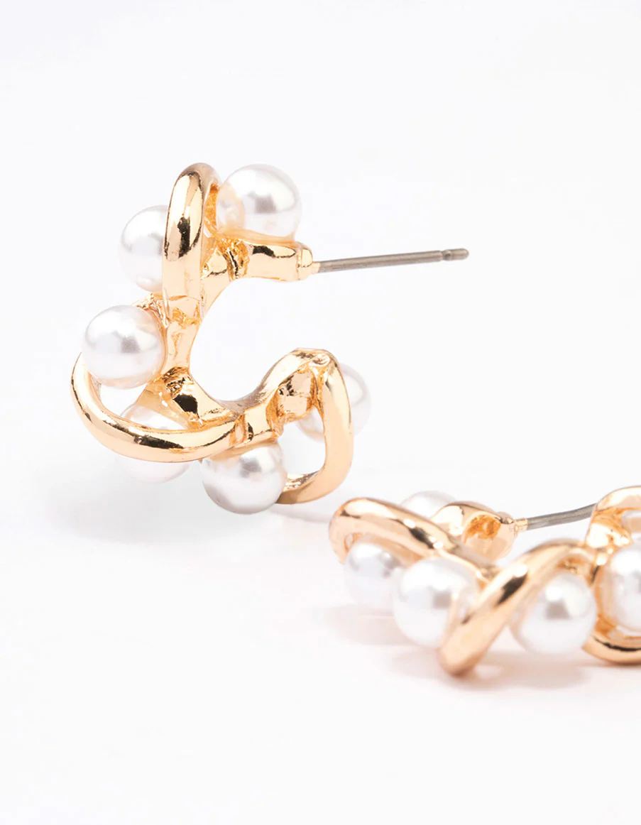Gold Small Twisted Pearly Hoop Earrings - Image 2