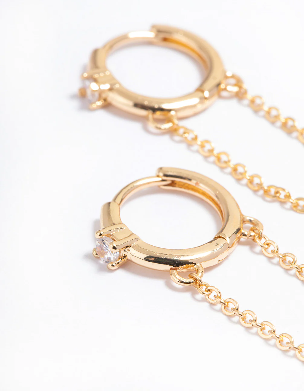 Gold Simple Diamante & Chain Huggie Earrings - Image 2
