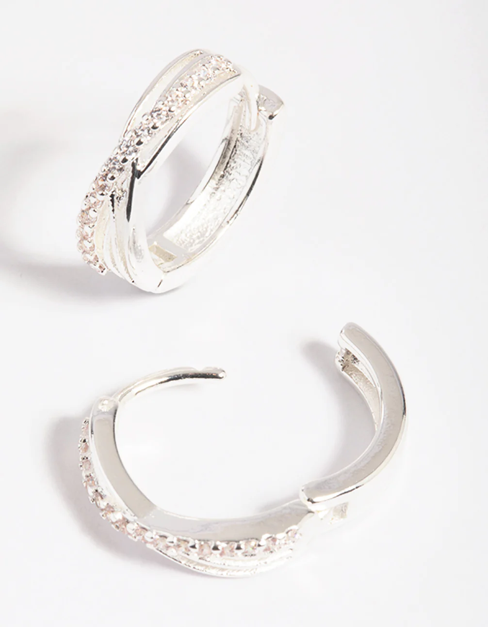 Silver Cubic Zirconia Twisted Huggie Hoop Earrings - Image 3