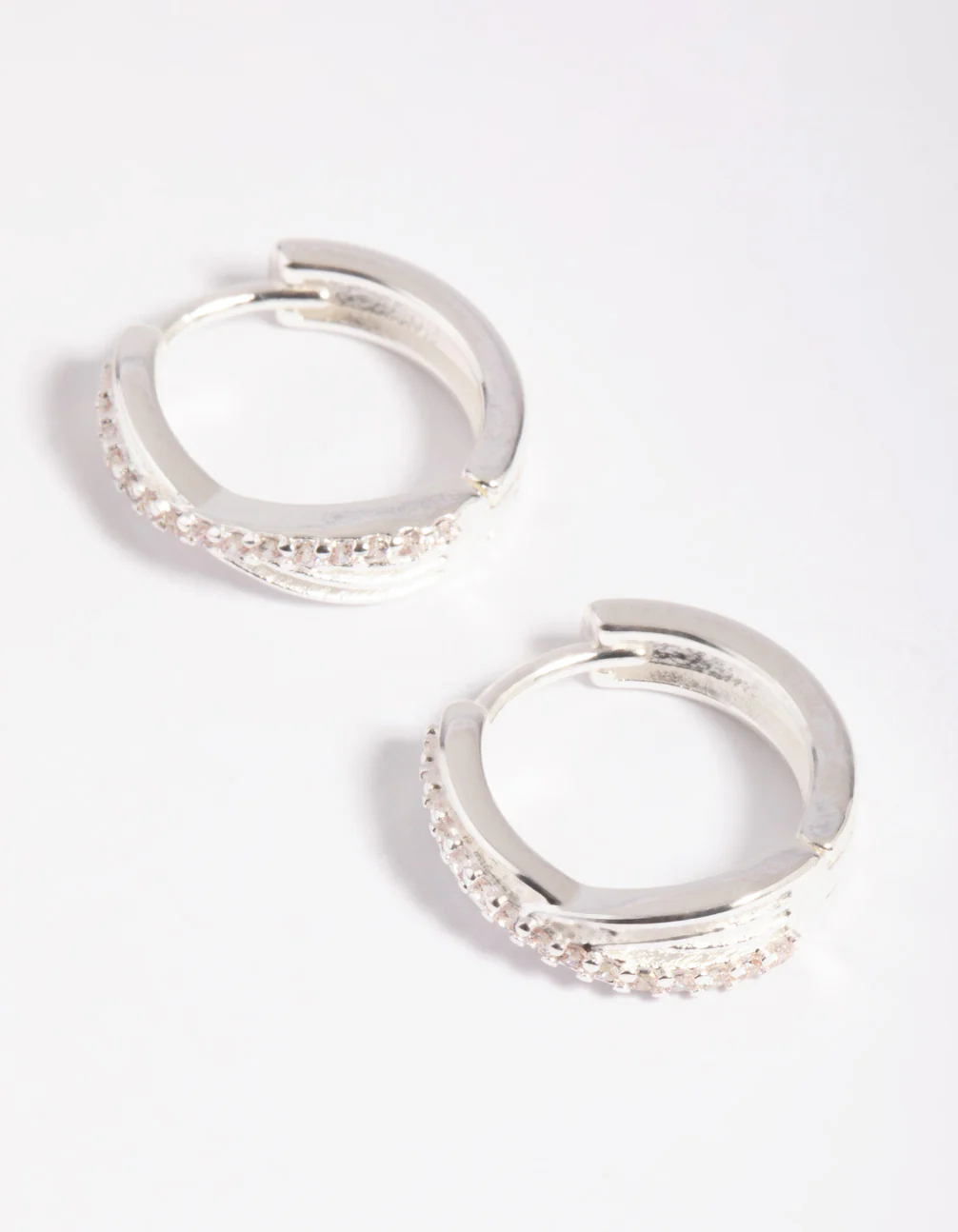 Silver Cubic Zirconia Twisted Huggie Hoop Earrings - Image 4