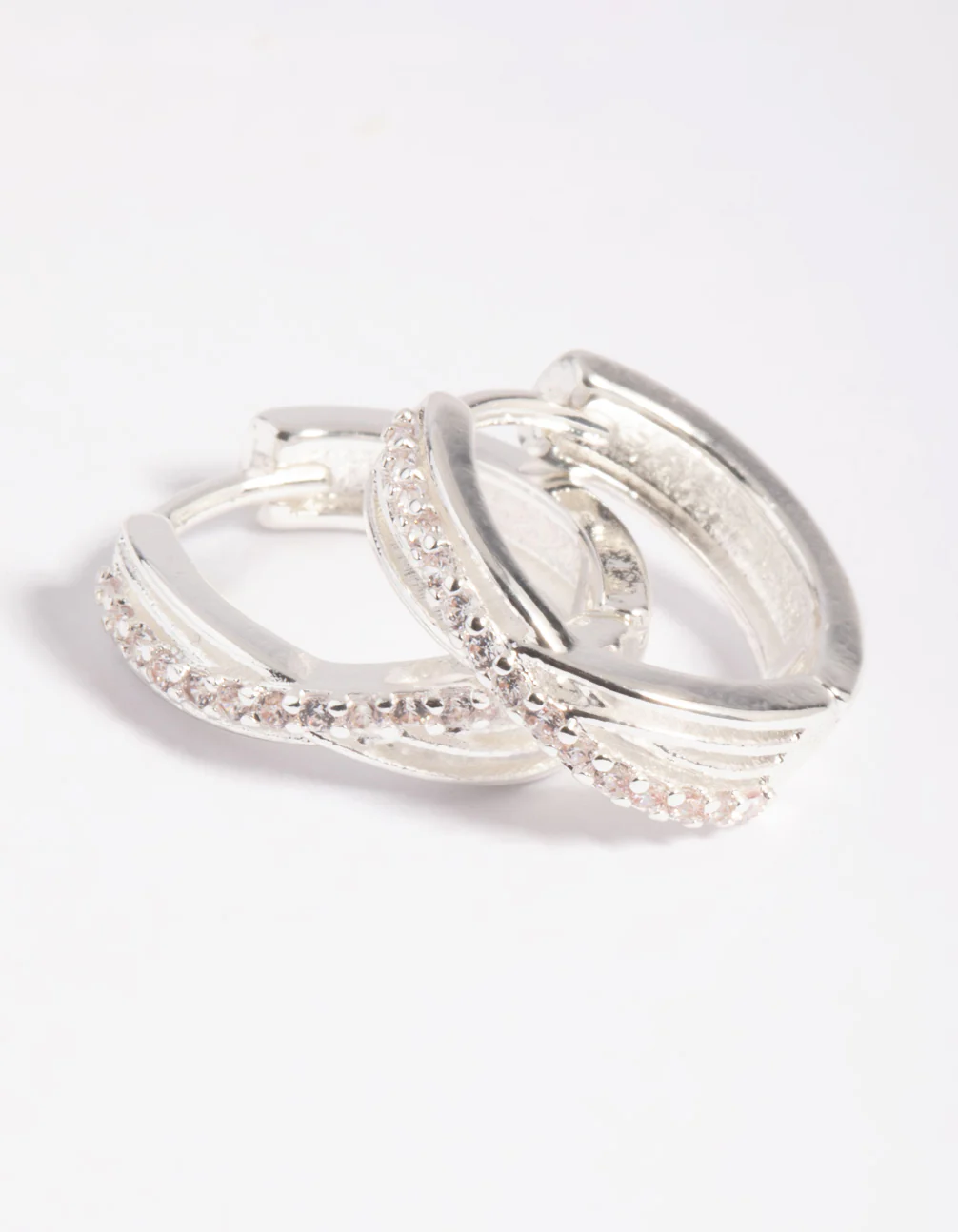 Silver Cubic Zirconia Twisted Huggie Hoop Earrings - Image 5