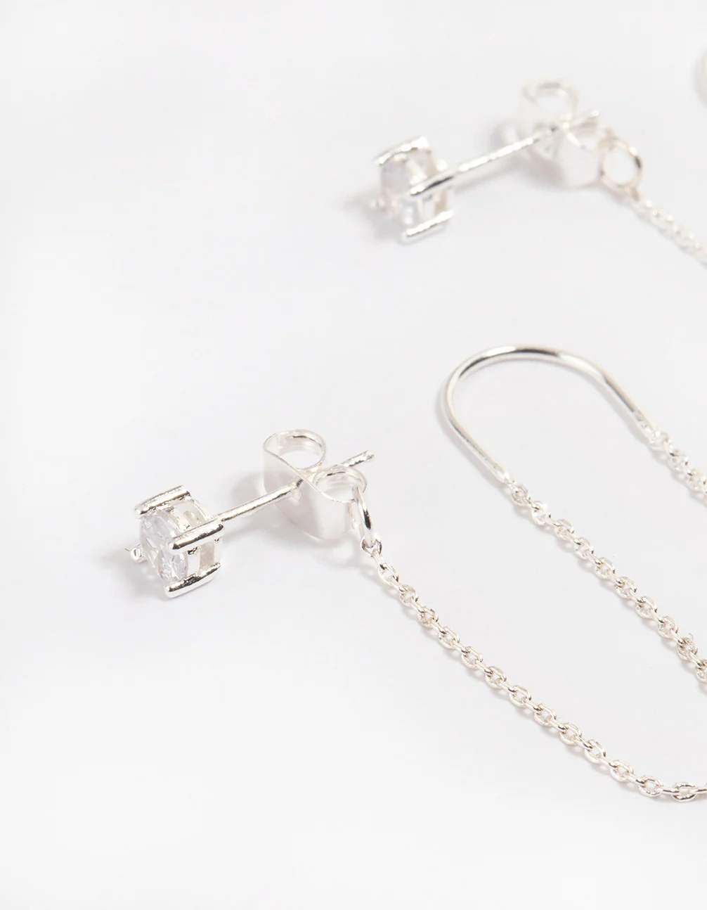 Silver Diamante Chain Threader Drop Earrings - Image 2