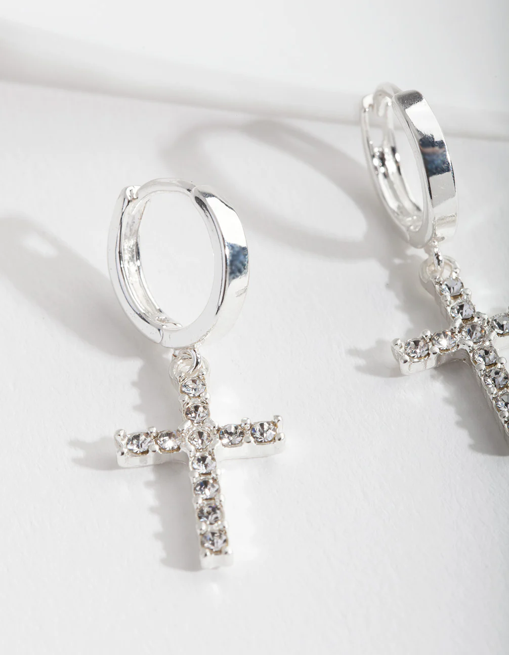 Silver Diamante Cross Huggie Earrings - Image 2