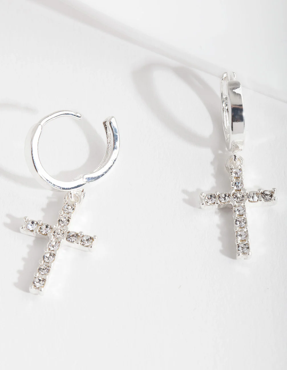 Silver Diamante Cross Huggie Earrings - Image 3
