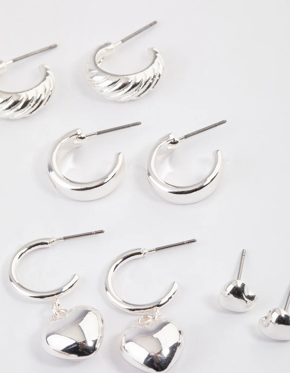 Silver Puffy Heart & Hoop Earrings 4-Pack - Image 2