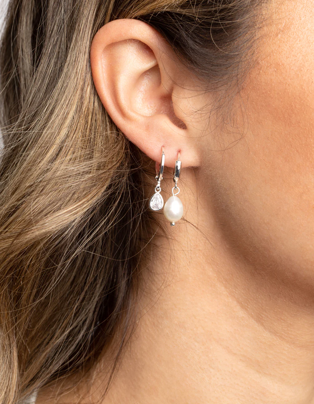 Silver Diamante & Freshwater Pearl Huggie Hoop Earrings - Image 2