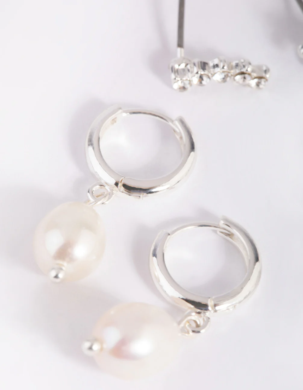 Silver Diamante & Freshwater Pearl Huggie Hoop Earrings - Image 4
