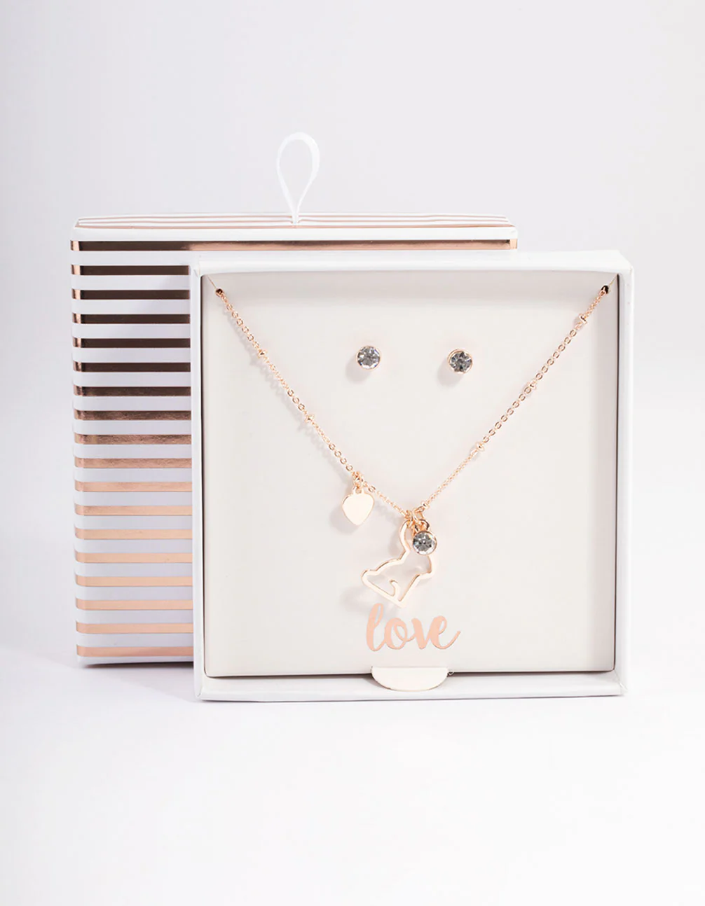 Rose Gold Bunny Diamante Necklace & Stud Earrings - Image 3