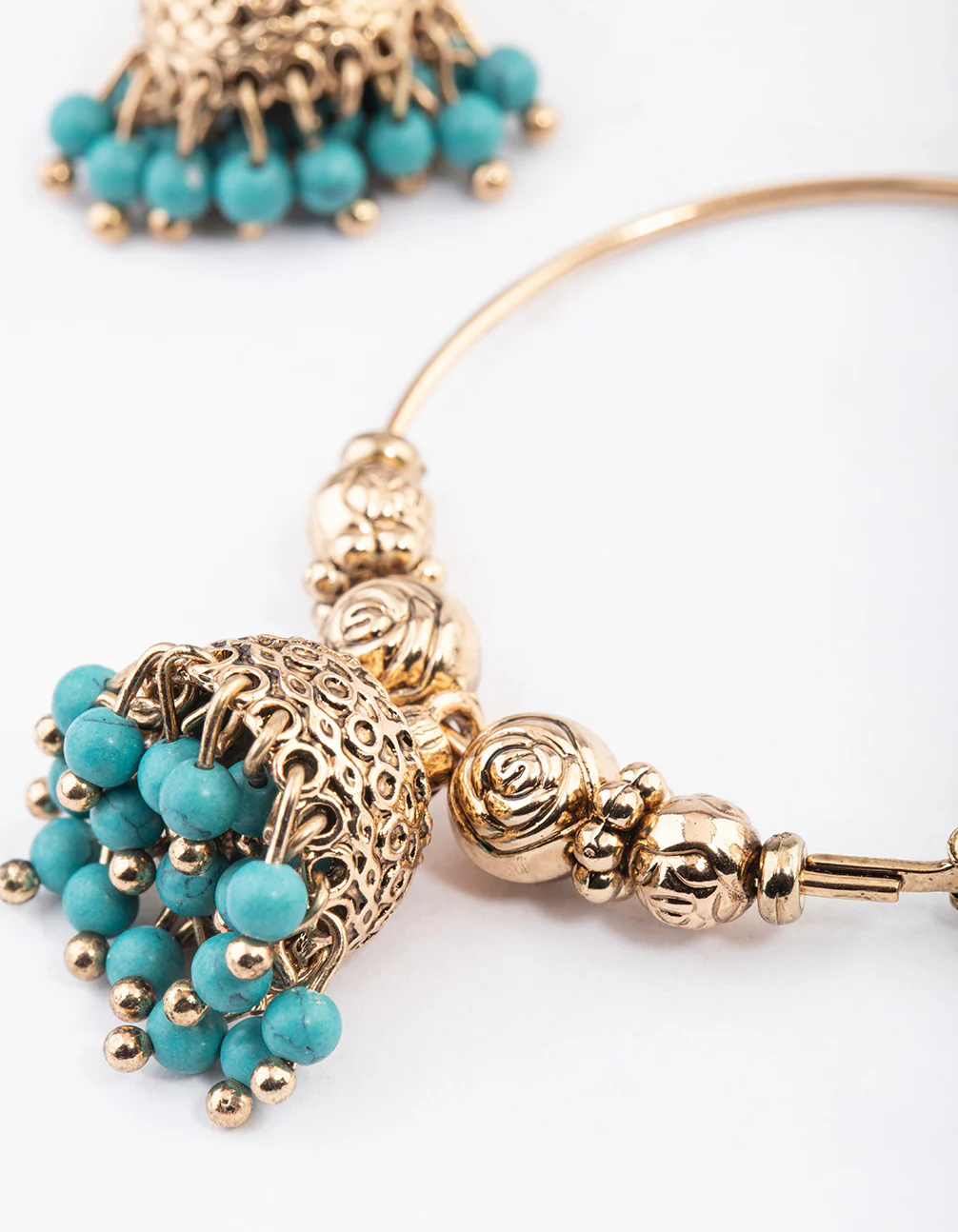 Antique Gold Blue Bead Hoop Jhumka Earrings - Image 2