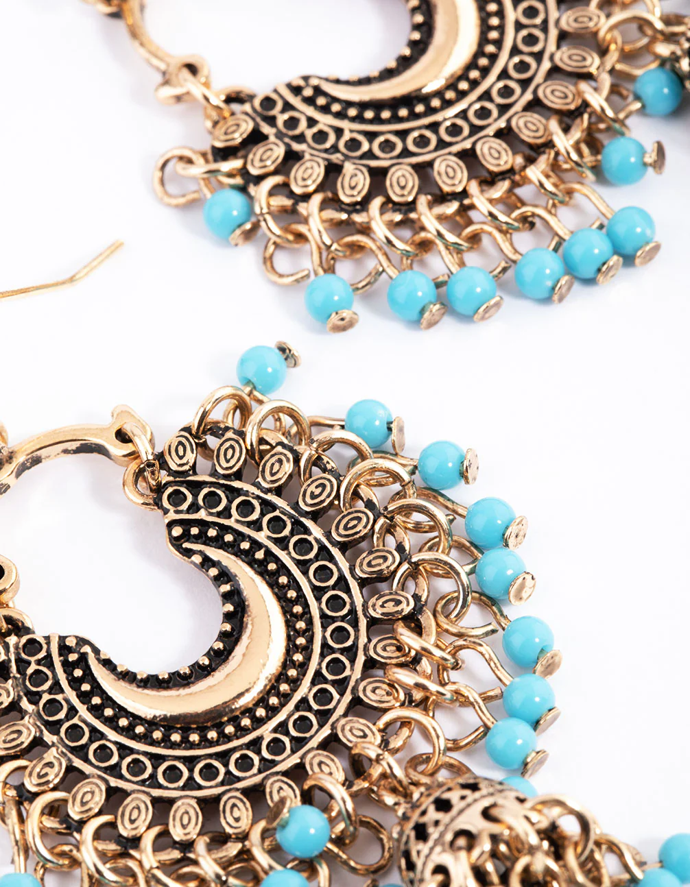 Antique Gold Turquoise Blue Bead Drop Jhumka Earrings - Image 2
