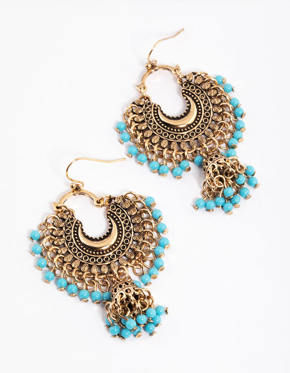 Antique Gold Turquoise Blue Bead Drop Jhumka Earrings - Image 3