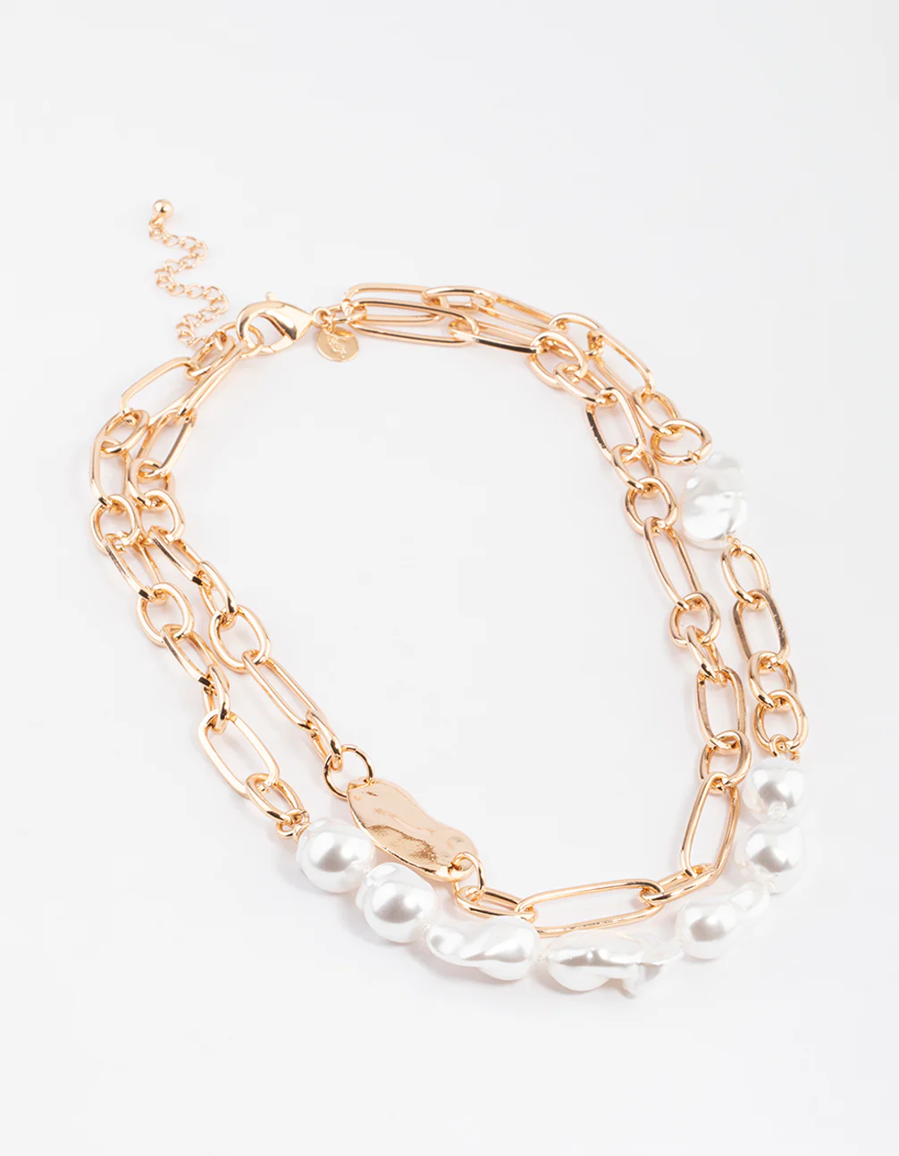 Gold Double Row Chunky Chain Pearl Necklace - Image 2