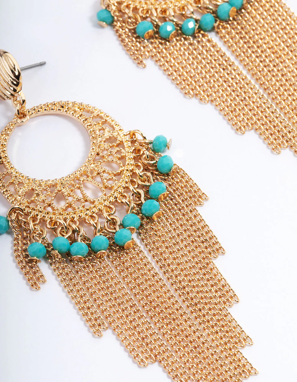 Gold Blue Beaded Tassel Drop Chandbali Earrings - Image 2