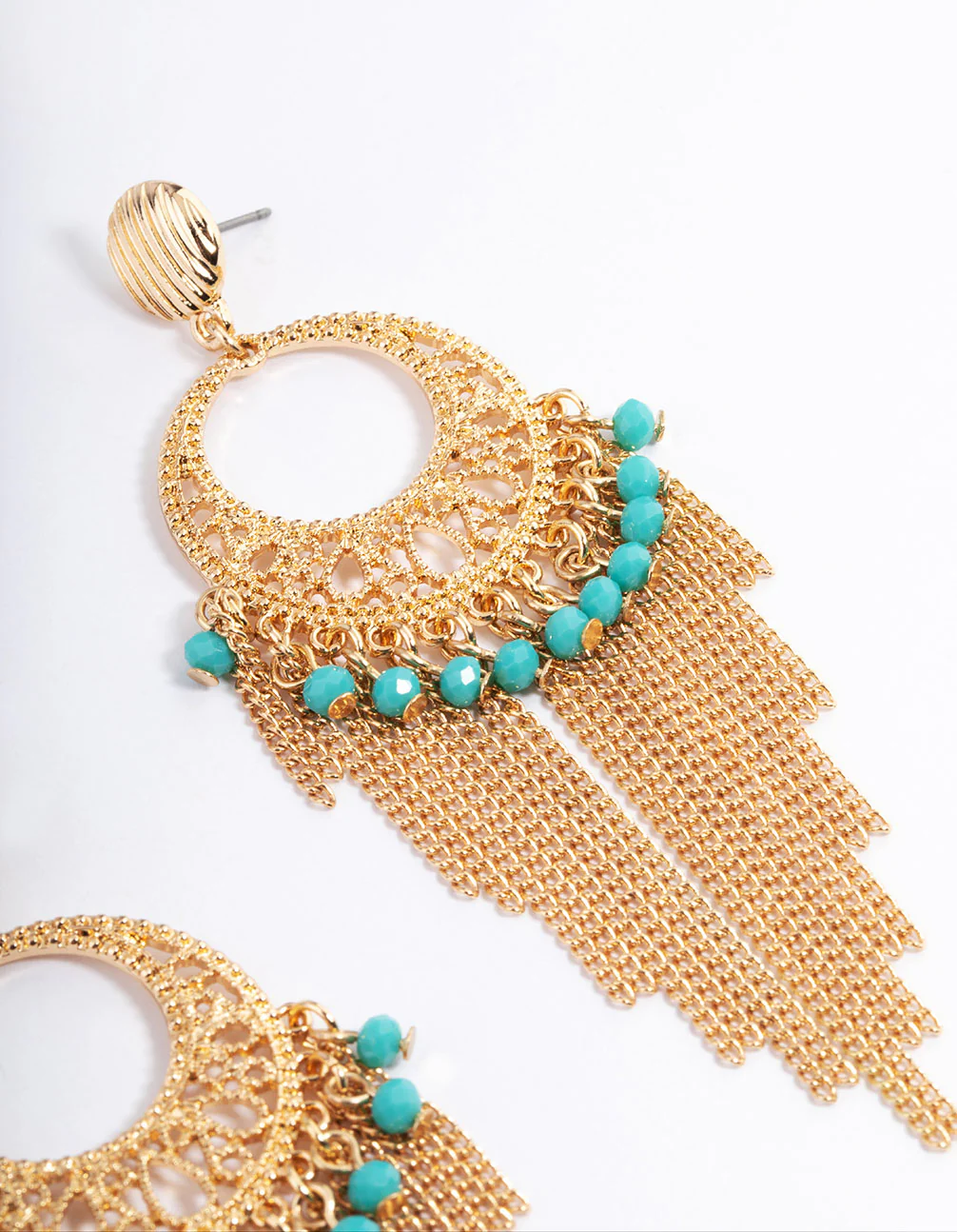 Gold Blue Beaded Tassel Drop Chandbali Earrings - Image 3