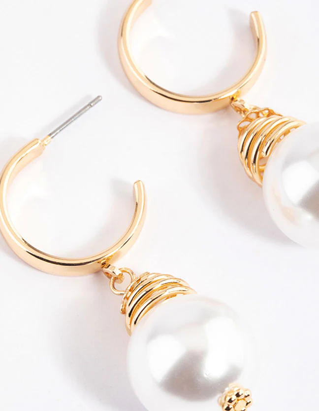 Gold Coil Pearl Hoop Earrings - Image 3