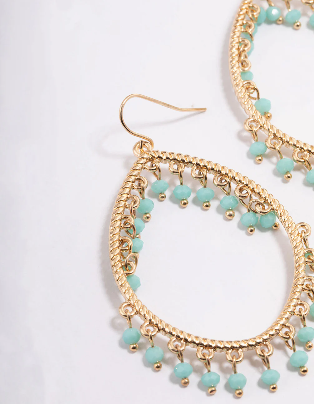 Gold Oval Teardrop Blue Bead Chandbali Earrings - Image 2