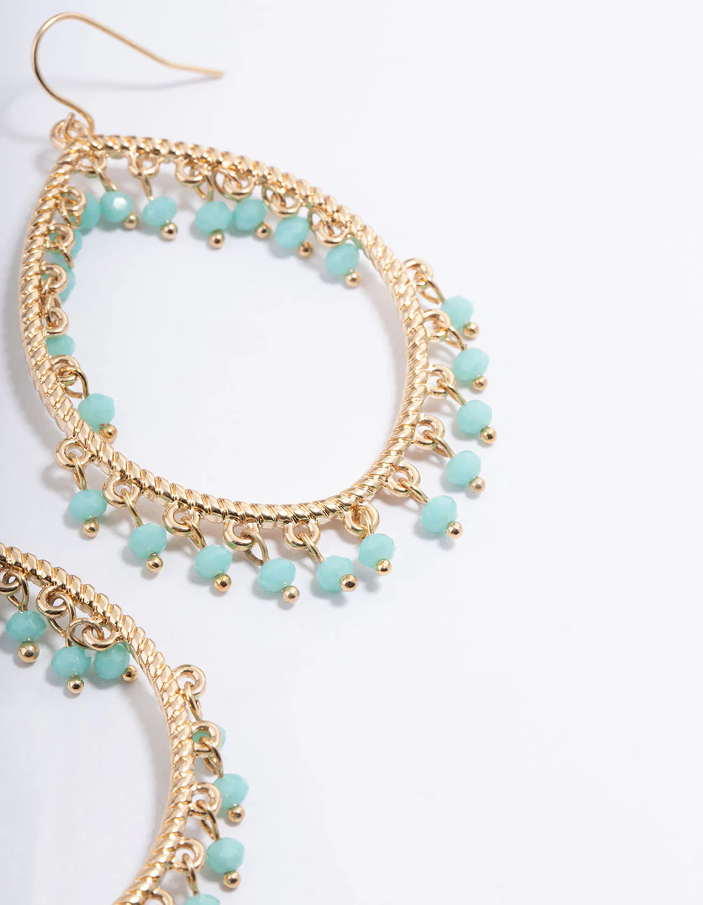 Gold Oval Teardrop Blue Bead Chandbali Earrings - Image 3