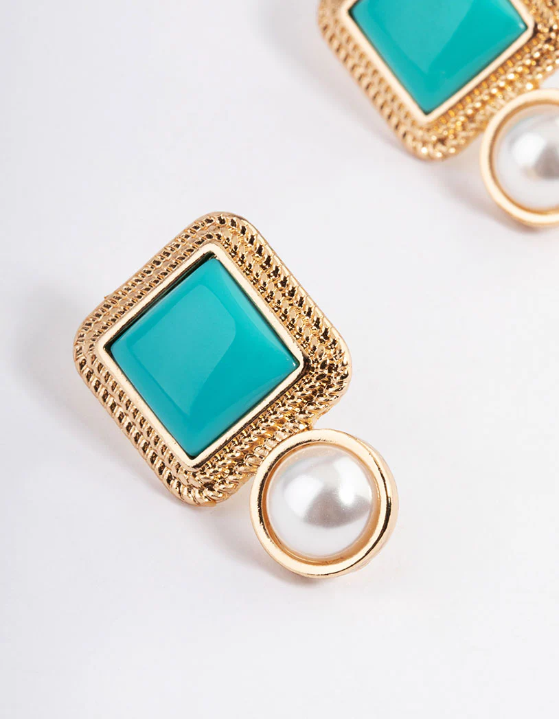 Gold Square Stone Round Pearl Stud Earrings - Image 2