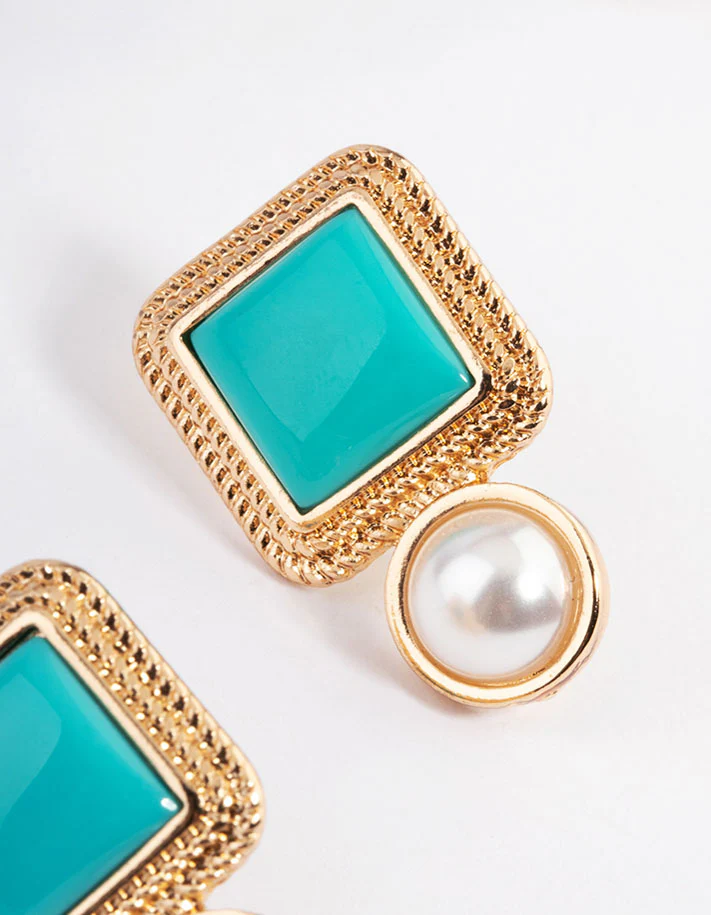 Gold Square Stone Round Pearl Stud Earrings - Image 3
