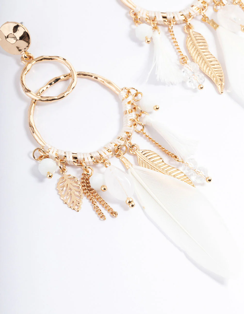 Gold Thread Bead Feather Earrings - Image 2