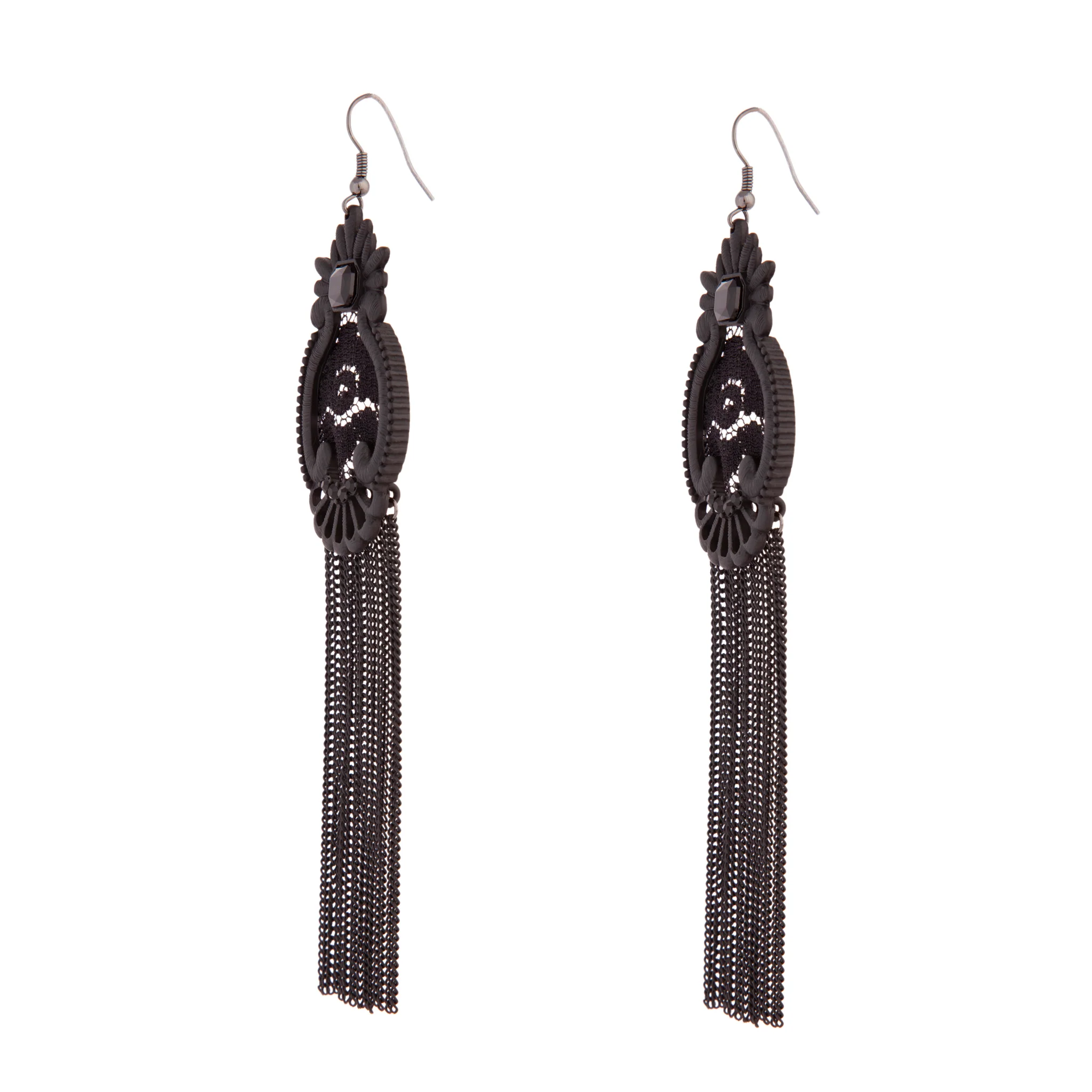 Black Lace Chain Tassel Earrings - Image 2