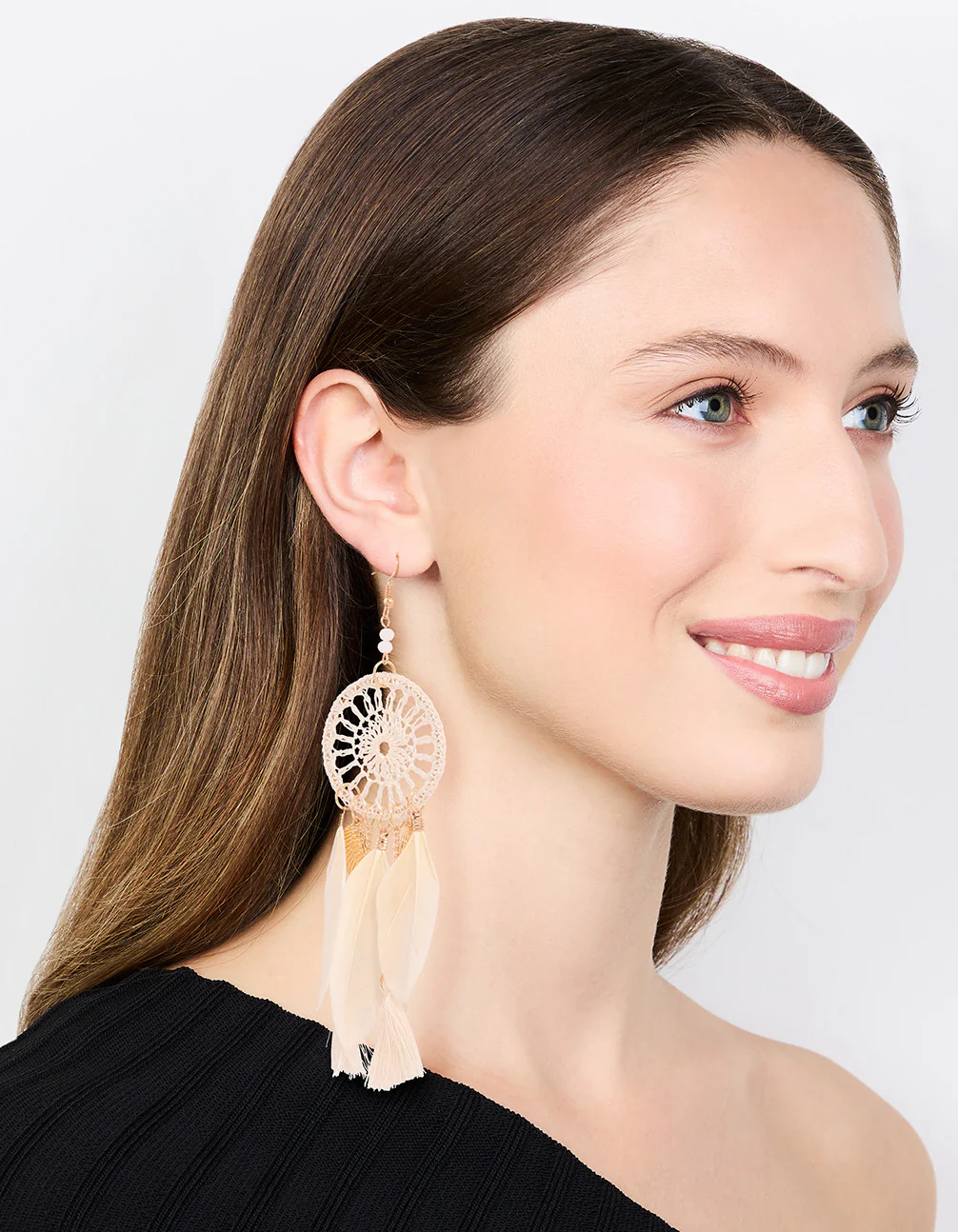 Cream & Gold Feather Dreamcatcher Drop Earrings - Image 3