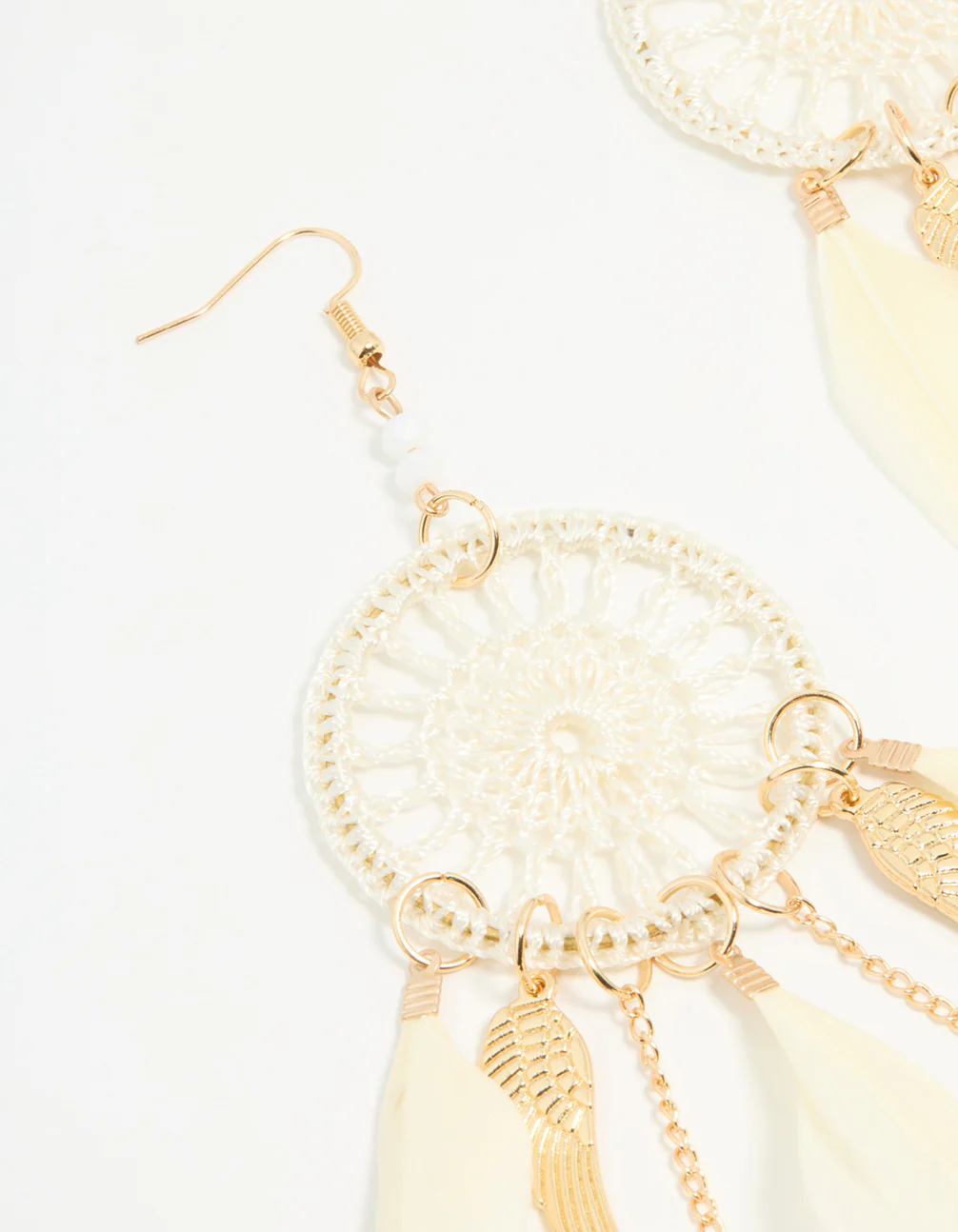 Cream & Gold Feather Dreamcatcher Drop Earrings - Image 4