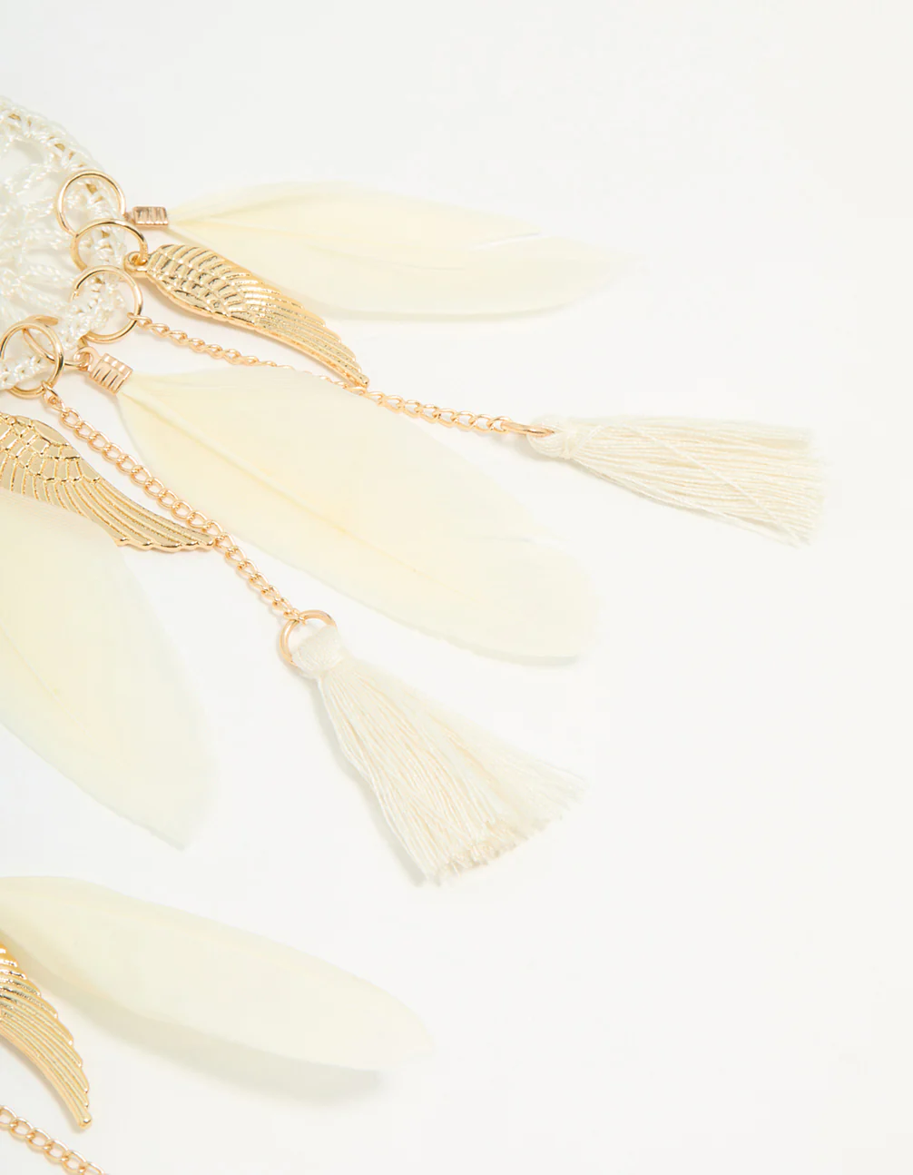 Cream & Gold Feather Dreamcatcher Drop Earrings - Image 5