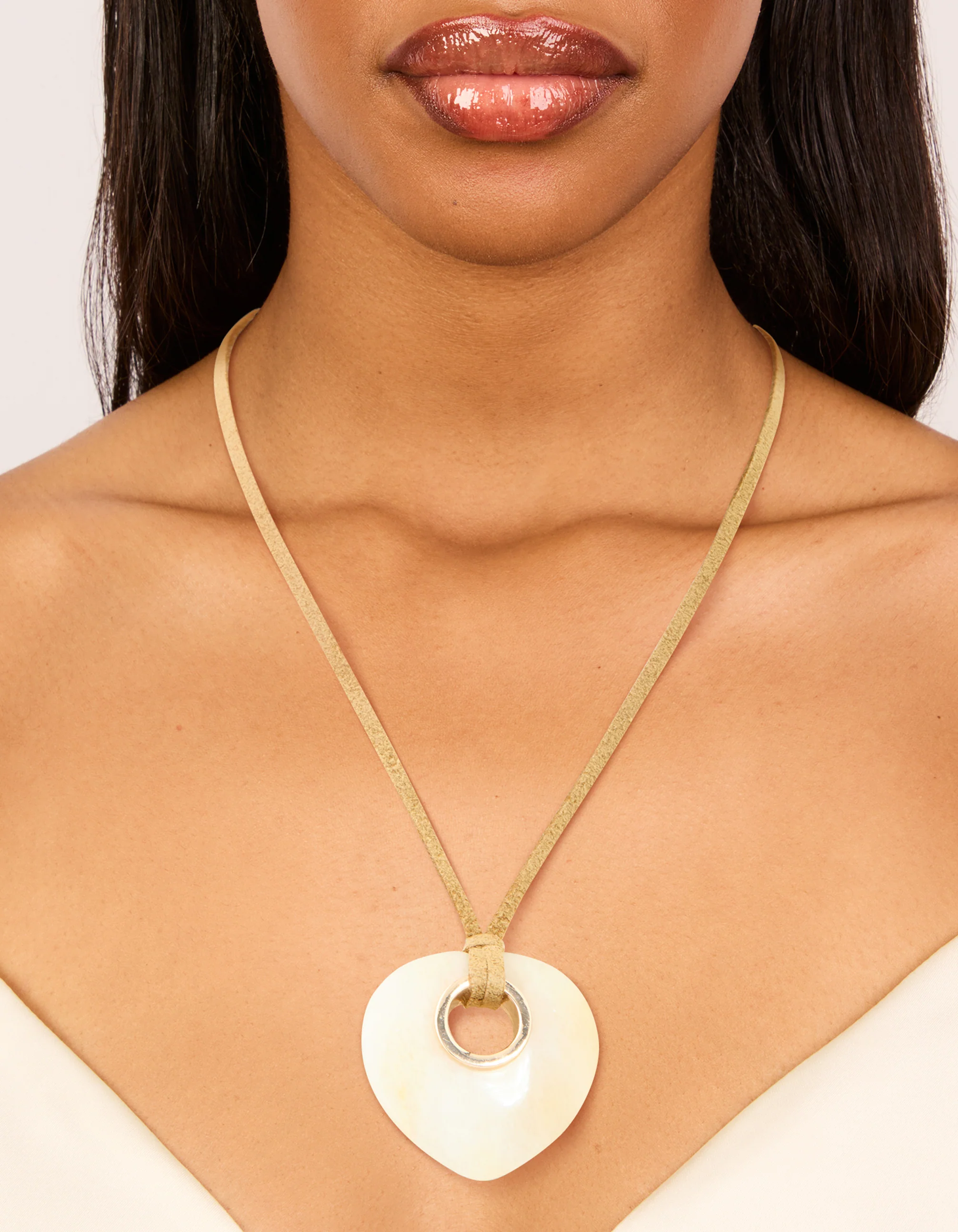 Cream Stone Pendant Brown Cord Necklace - Image 2