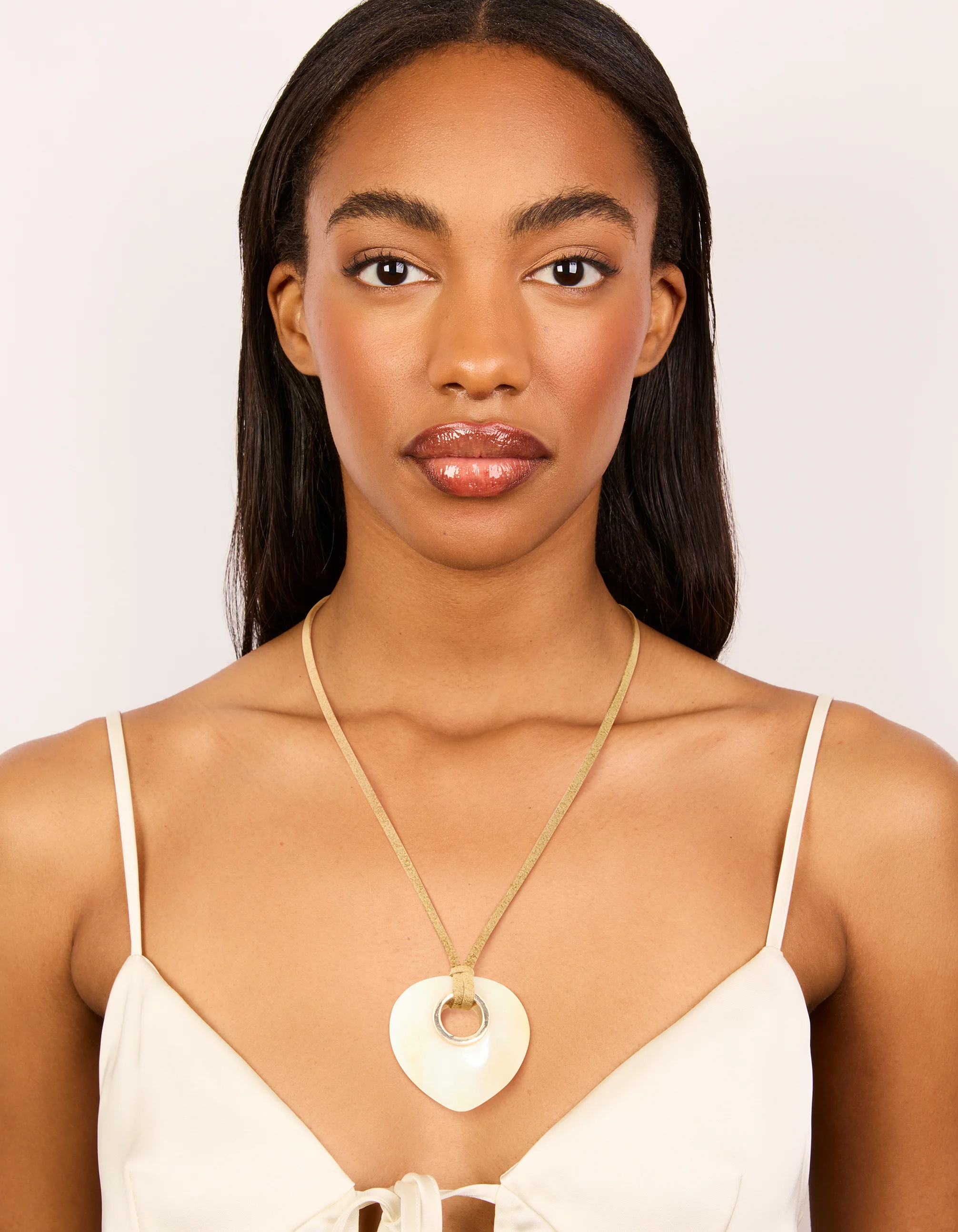 Cream Stone Pendant Brown Cord Necklace - Image 3