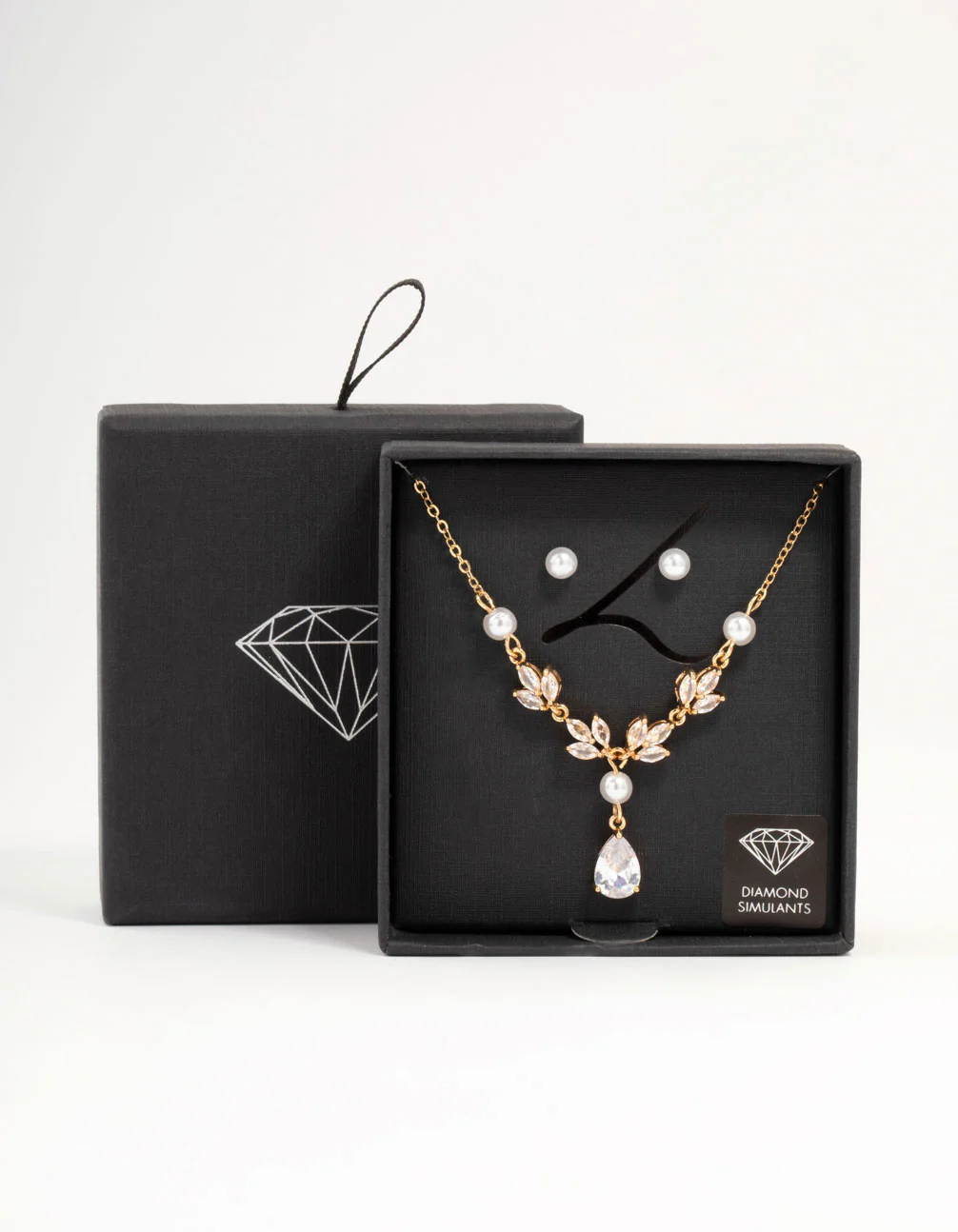 Gold Cubic Zirconia Pearl Necklace & Earrings Set - Image 3