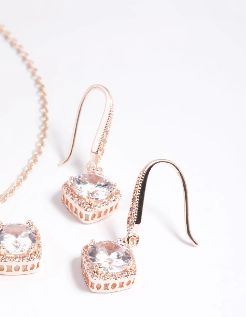 Rose Gold Cubic Zirconia Cushion Necklace & Earrings Set - Image 4