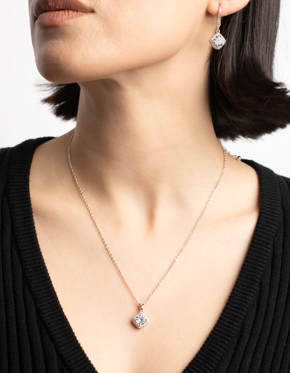 Rose Gold Cubic Zirconia Cushion Necklace & Earrings Set - Image 5