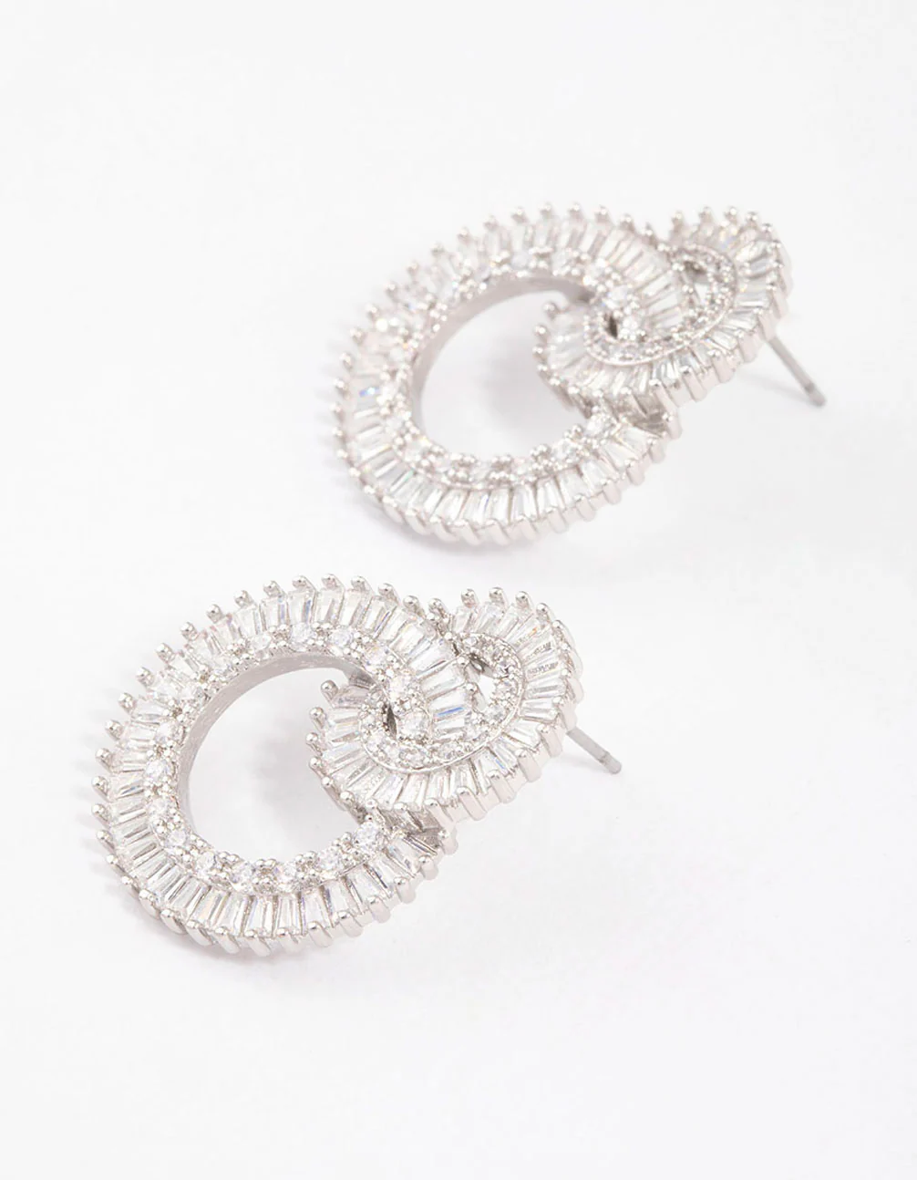 Silver Cubic Zirconia Double Circle Diamante Drop Earrings - Image 3
