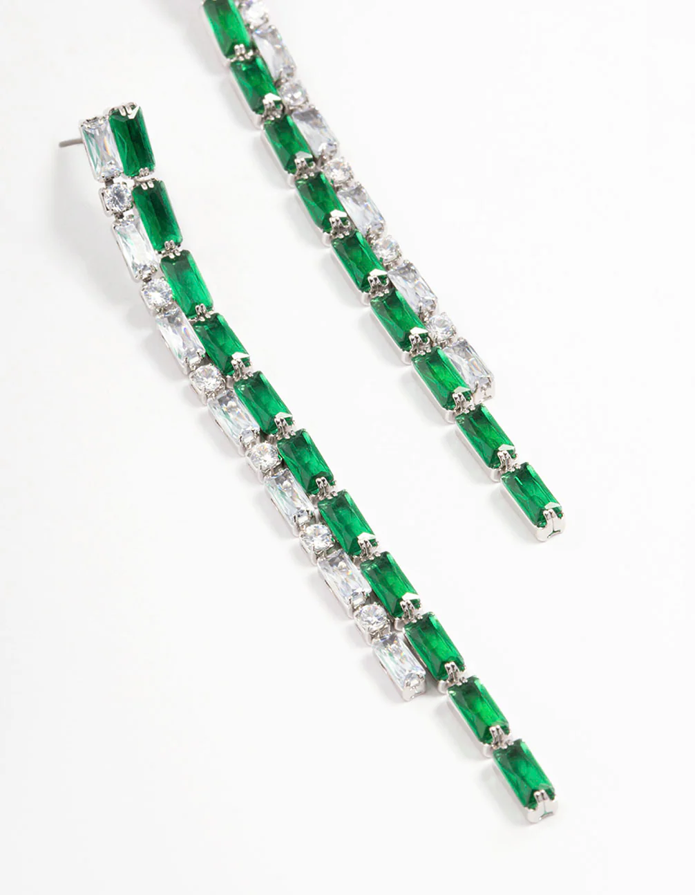 Silver Cubic Zirconia Double Row Baguette Drop Earrings - Image 2