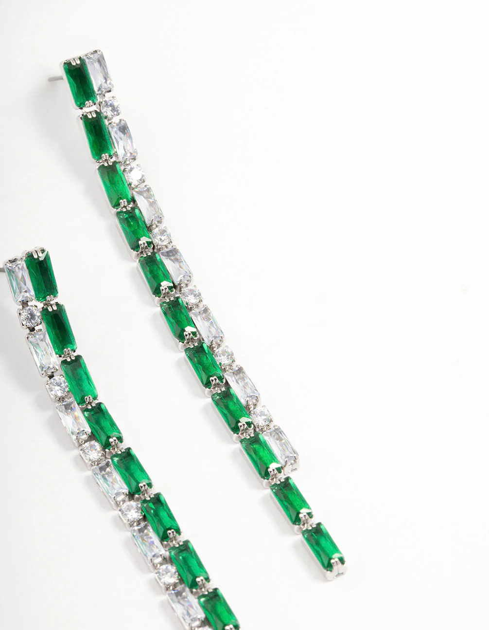 Silver Cubic Zirconia Double Row Baguette Drop Earrings - Image 3